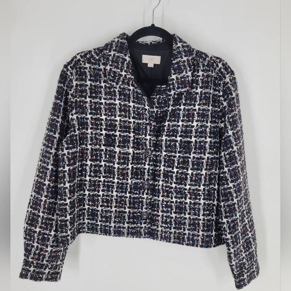 LOFT Textured Tweed Cropped Jacket  Multi Color Women's Size L Petite New